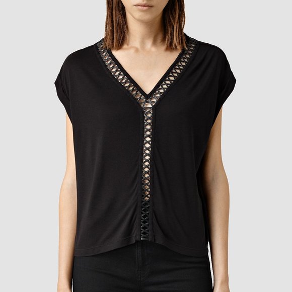 All Saints Tops - AllSaints Dalia Leather Cutout Tee Black G10